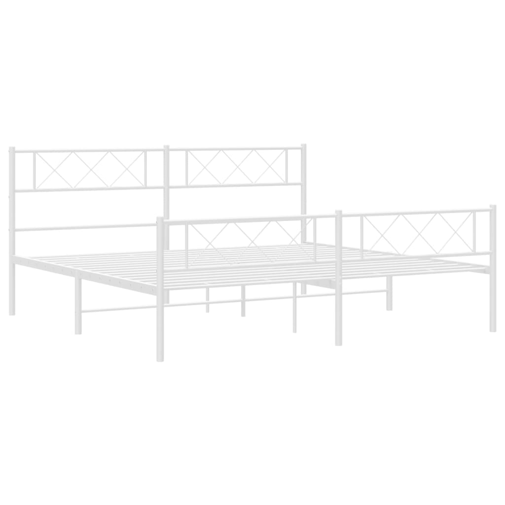 White metal platform bed frame with geometric headboard and footboard