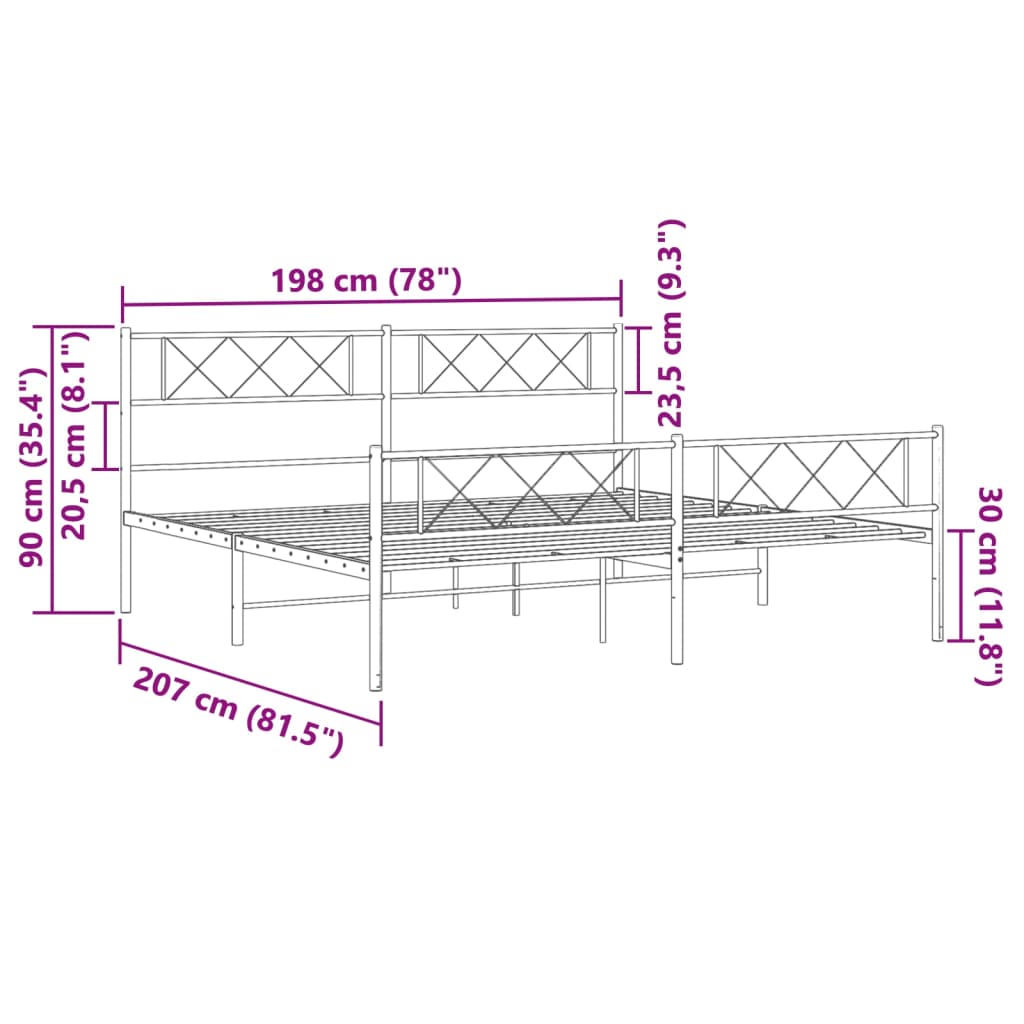 White metal platform bed frame with geometric headboard and footboard design