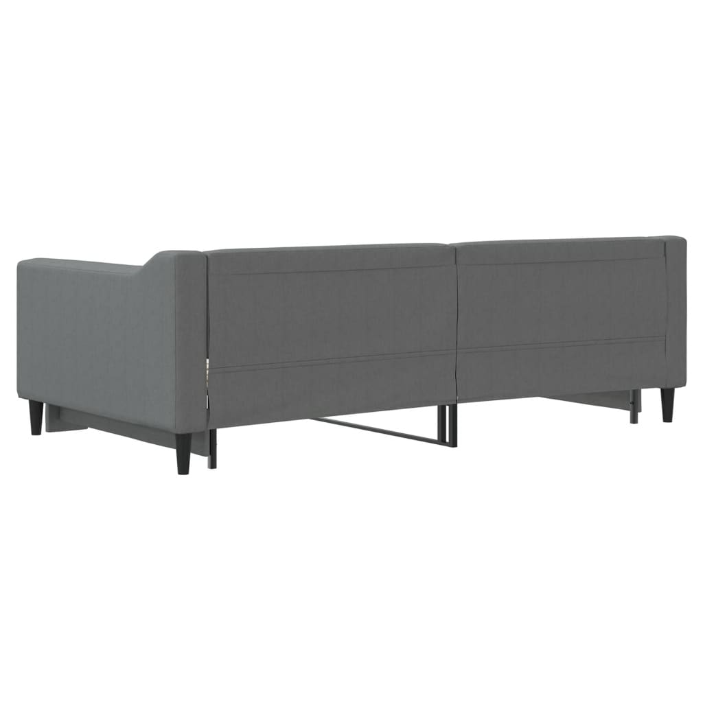Grey upholstered sofa bed with pullout wooden slat base extended