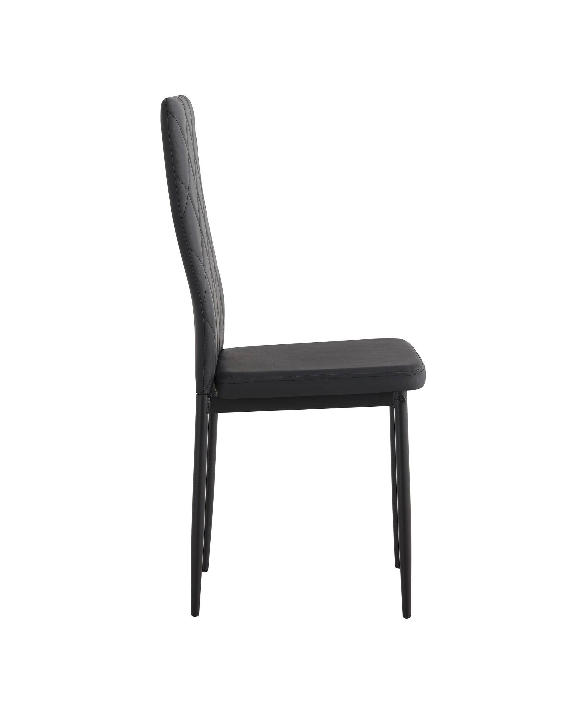 Black quilted faux leather dining chair with black metal legs