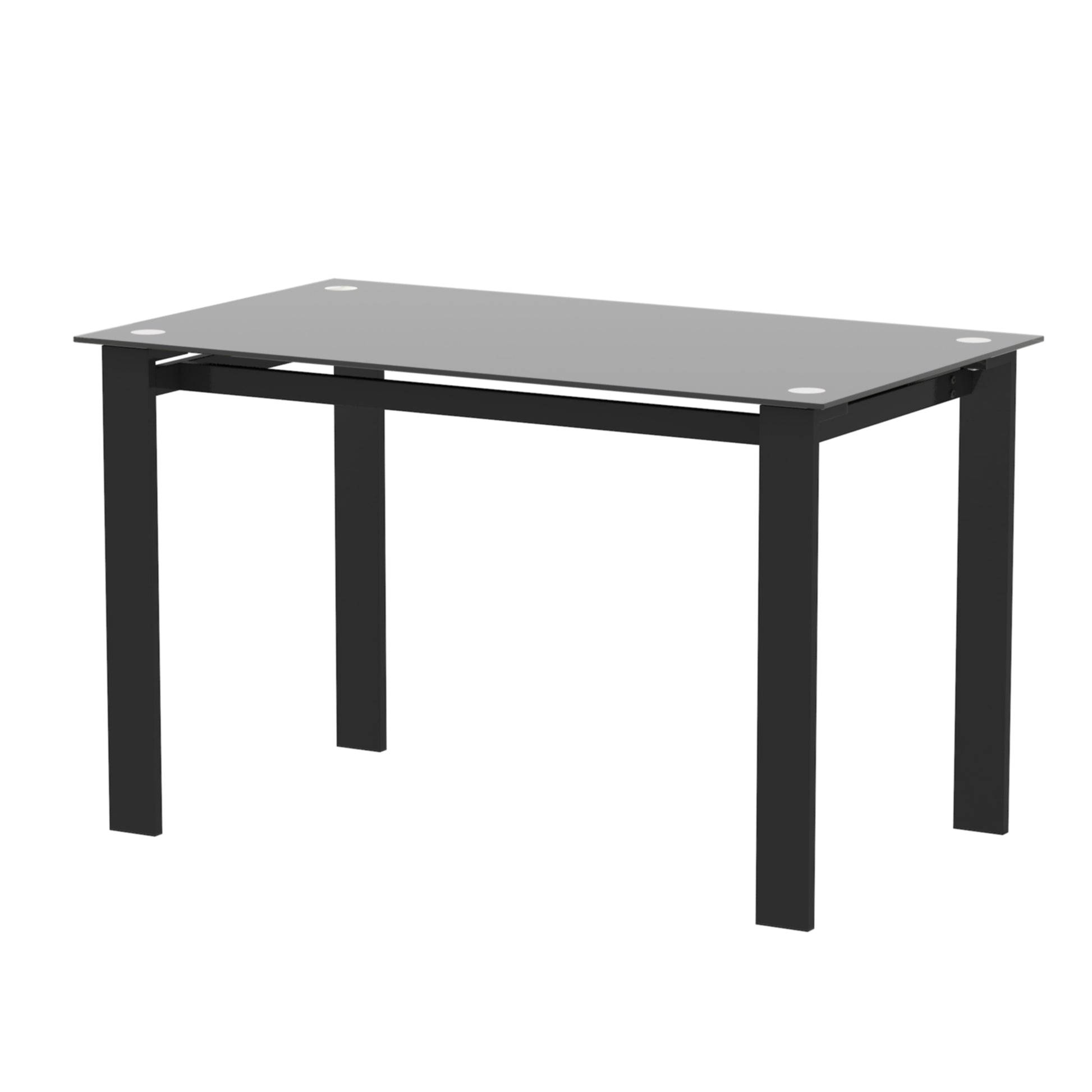 Rectangular dining table with a sleek grey glass top and black metal legs