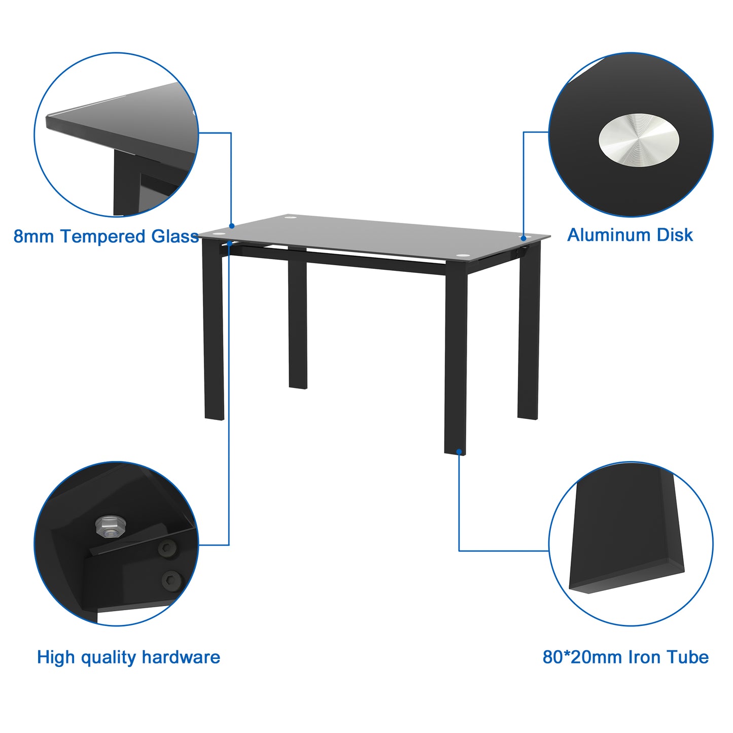 Modern dining table with mm tempered glass top and black iron tube legs
