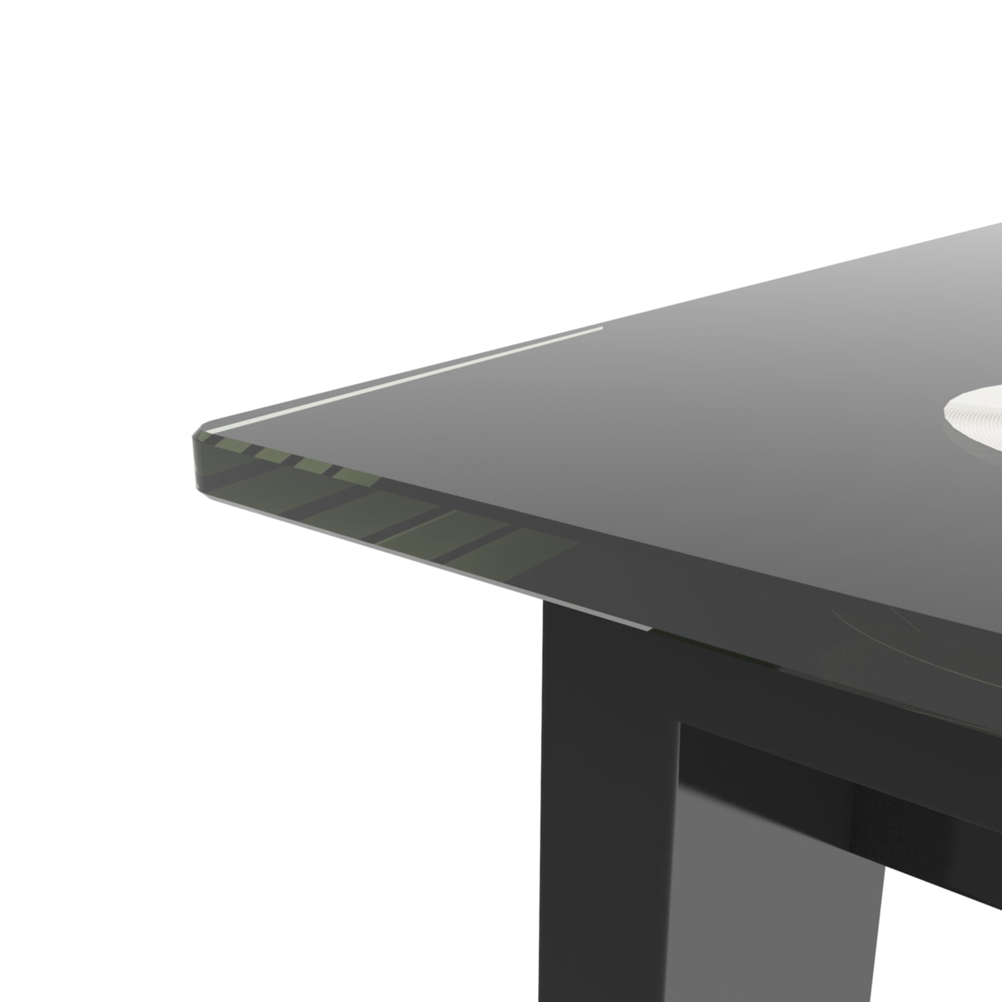 Sleek black glass coffee table with beveled edge detail