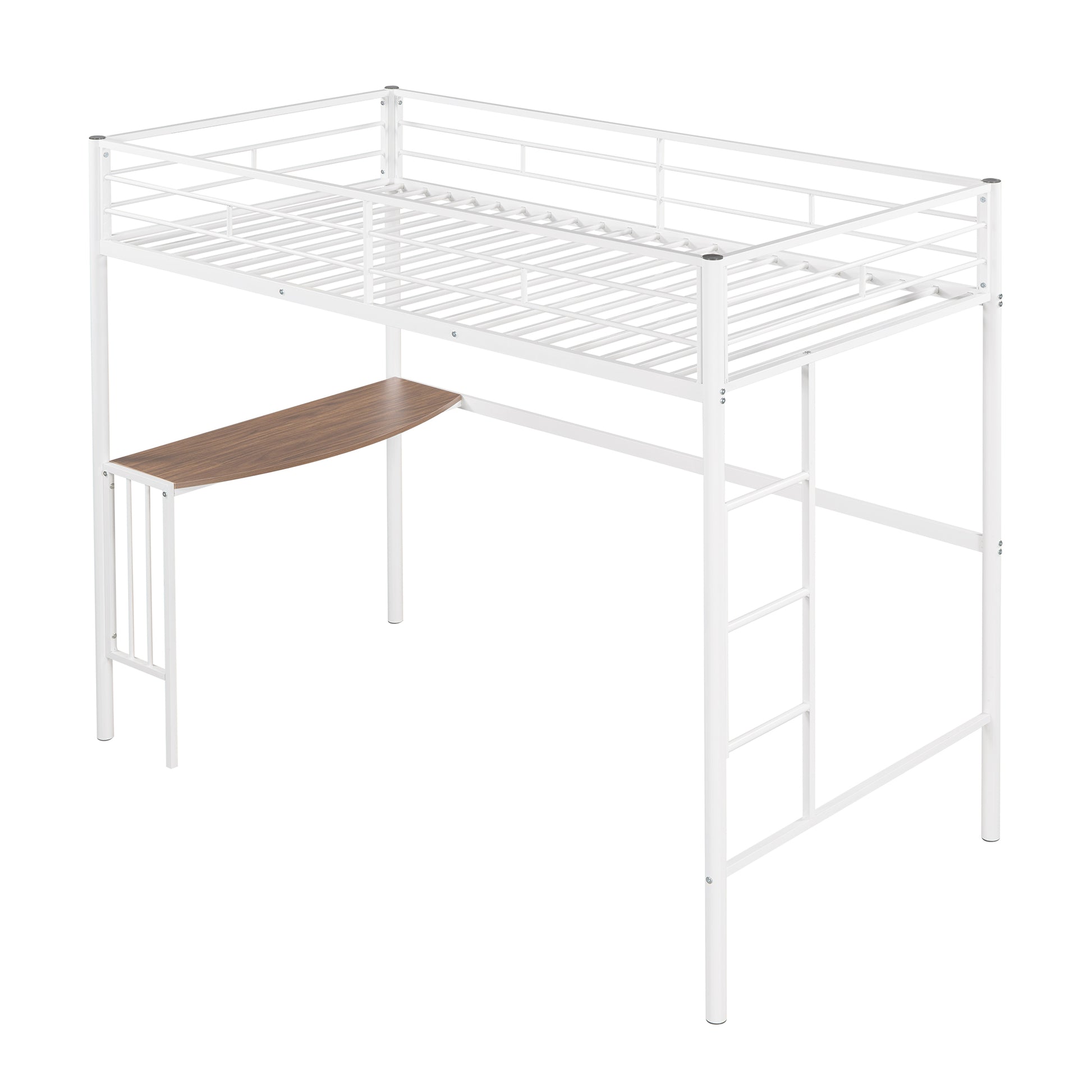 White metal loft bed with integrated wooden desk and ladder