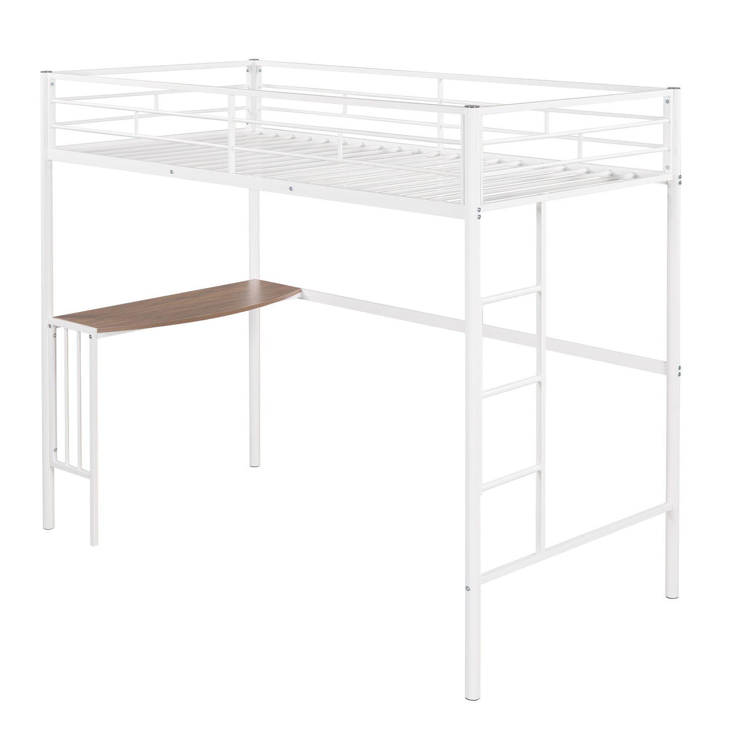 White metal loft bed with integrated woodgrain desk