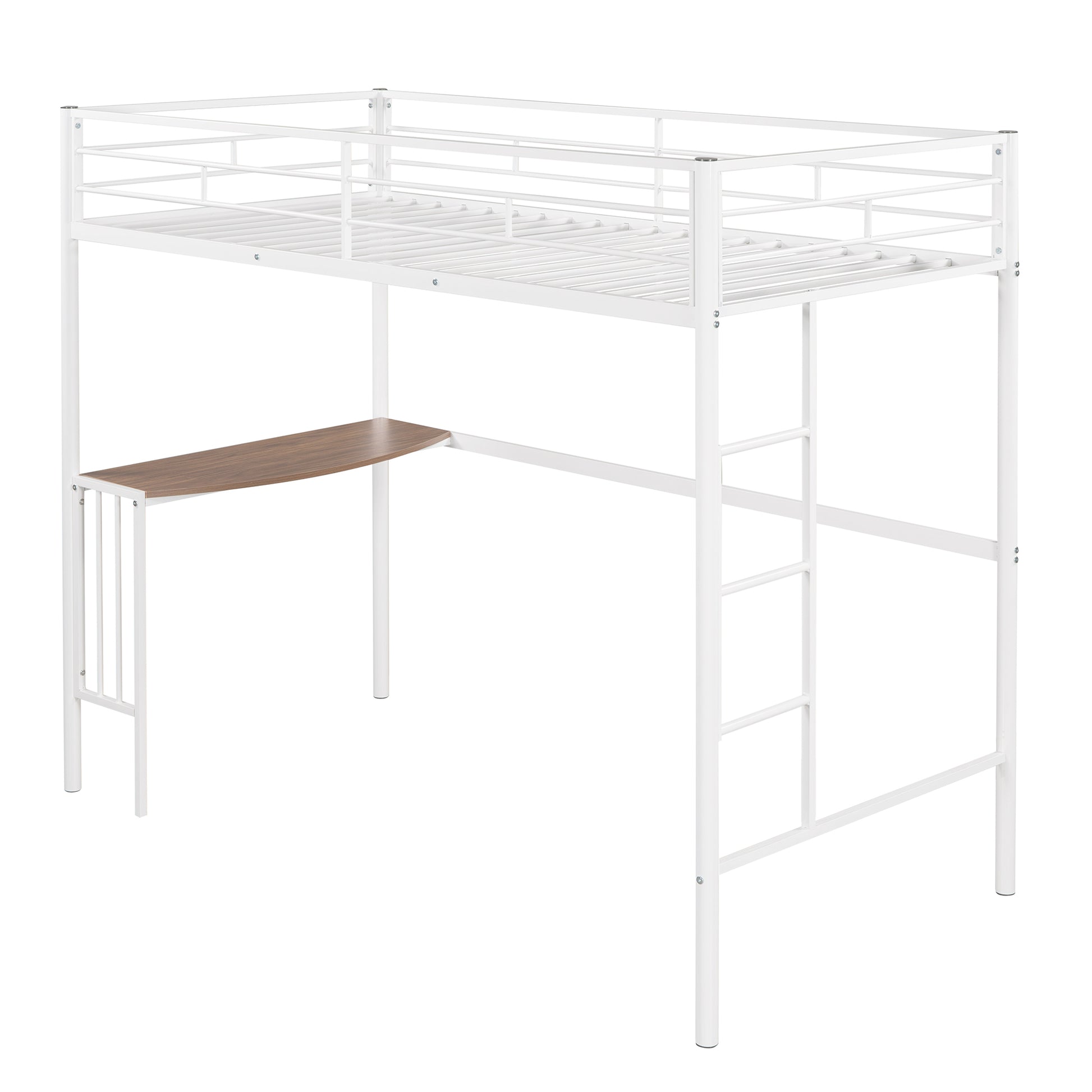 White metal loft bed with integrated woodgrain desk