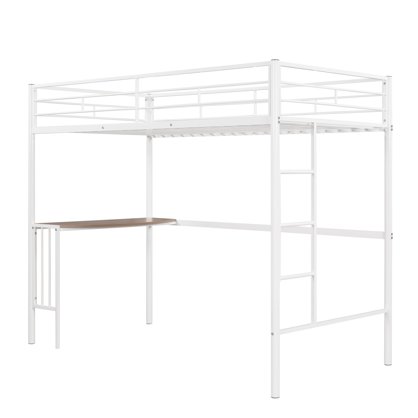 White metal loft bed with integrated desk and ladder spacesaving design