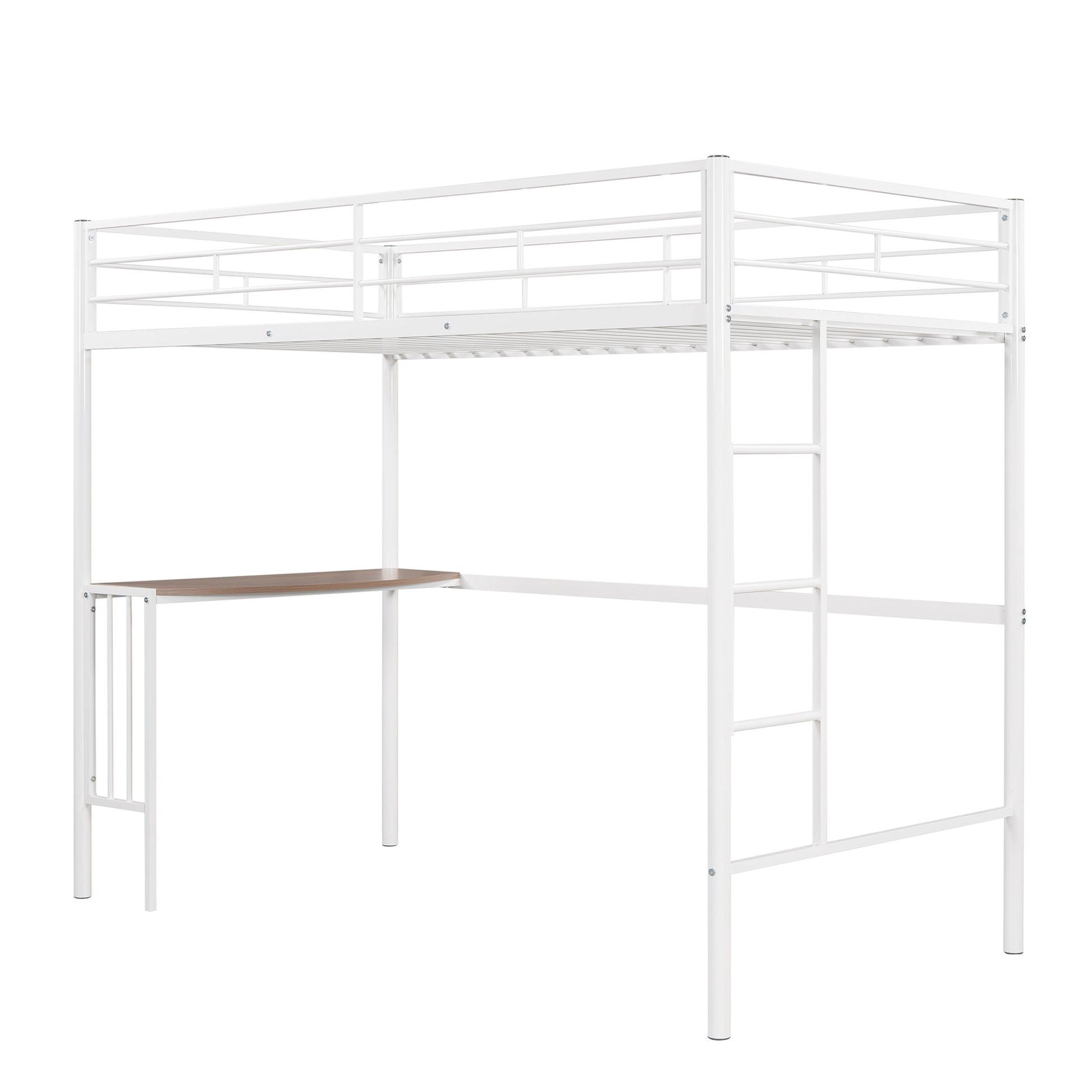 White metal loft bed with integrated desk and ladder spacesaving design