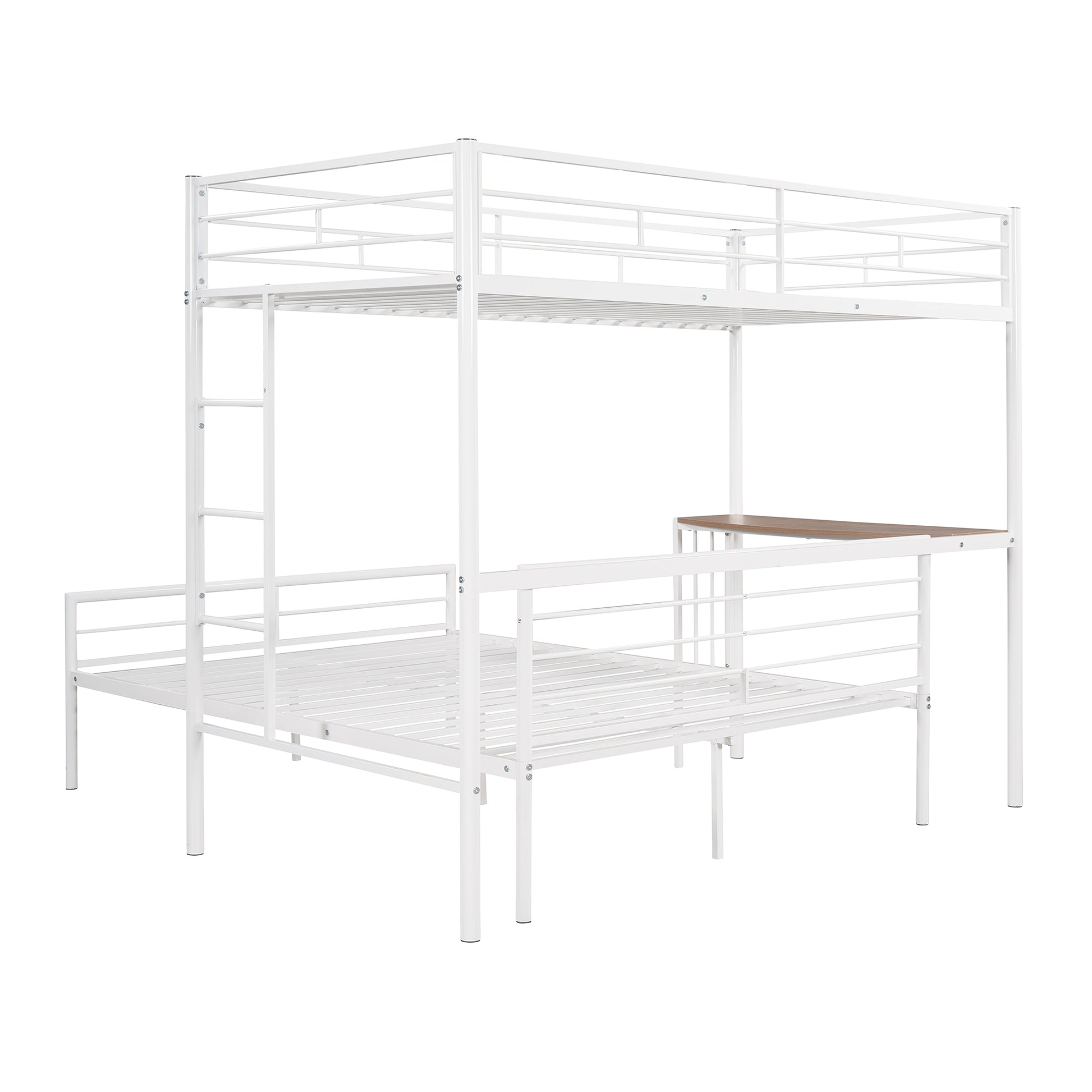 White metal bunk bed with desk and ladder
