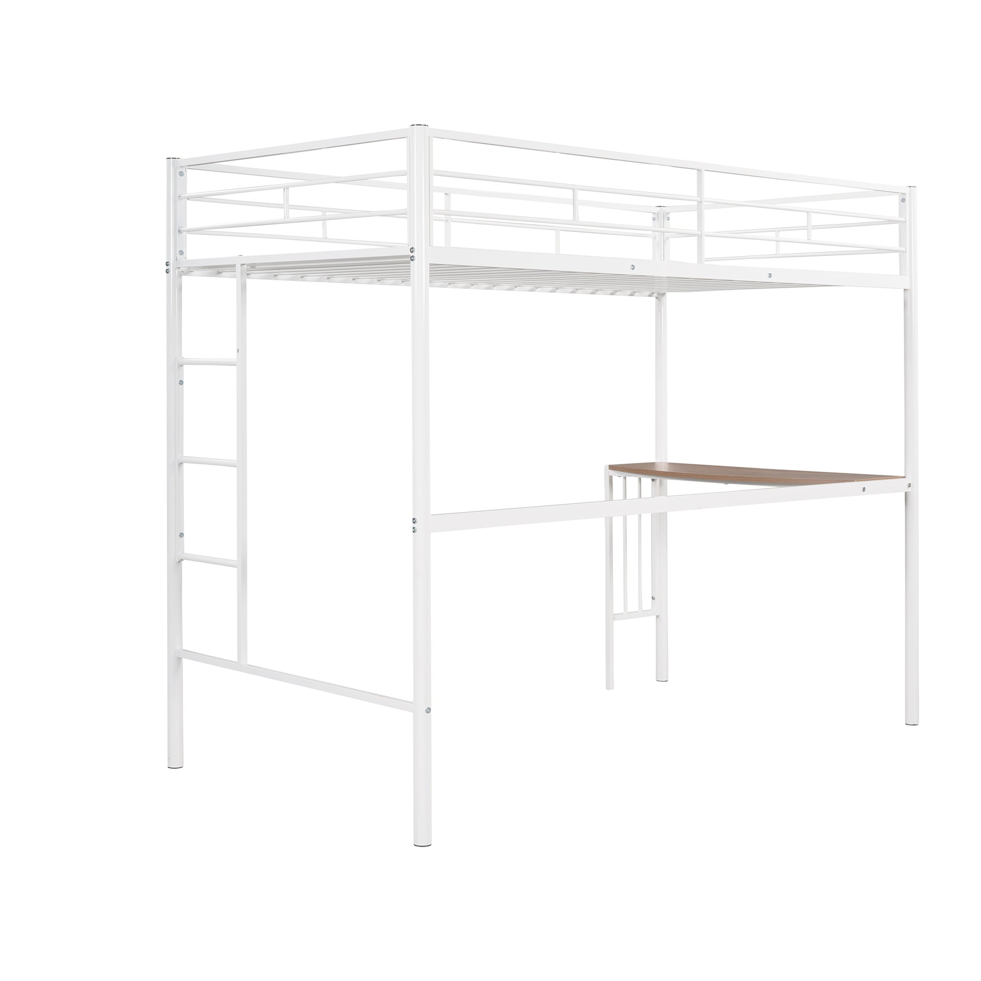 White metal loft bed with integrated desk