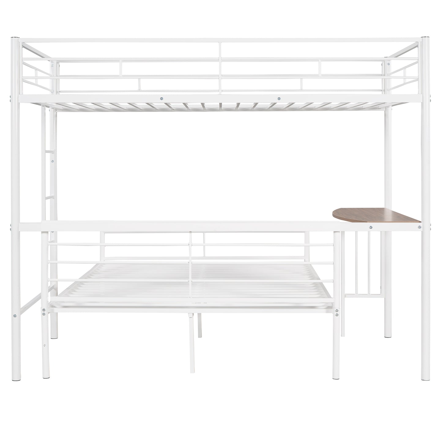 White metal twin over twin bunk bed with desk