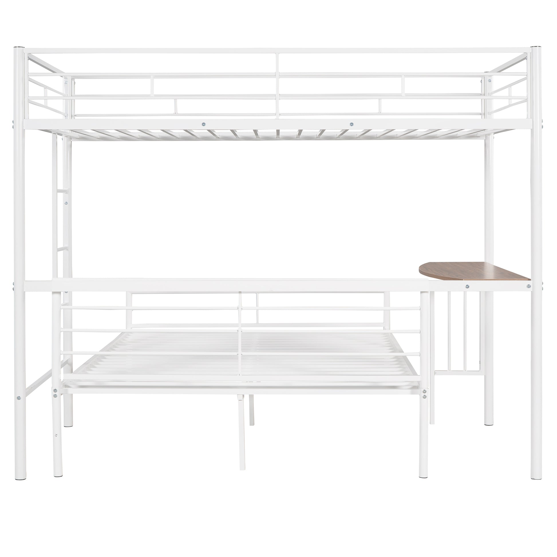 White metal twin over twin bunk bed with desk