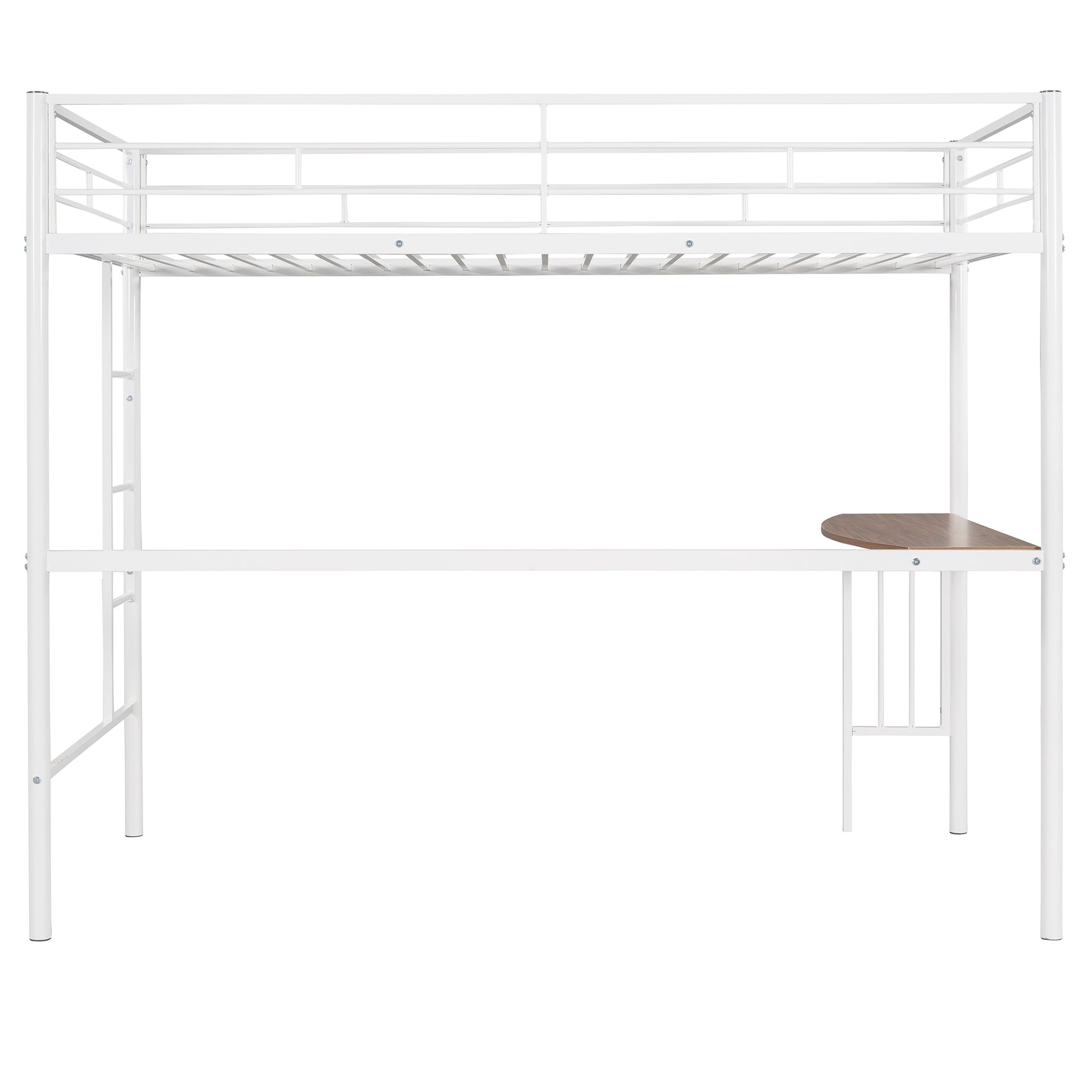 White metal twin loft bed with integrated desk