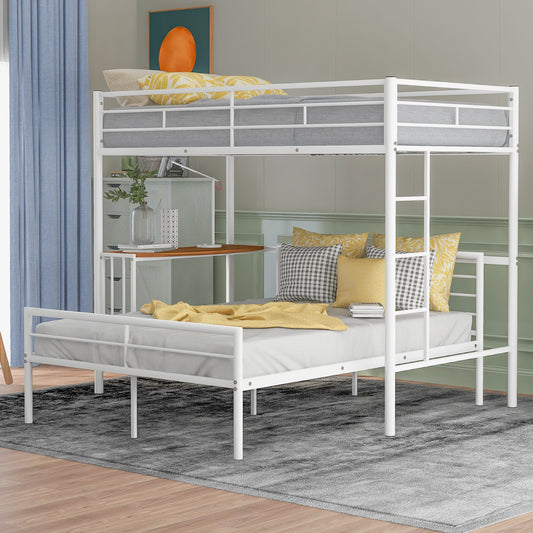 White metal bunk bed with desk and grey mattresses for kids room