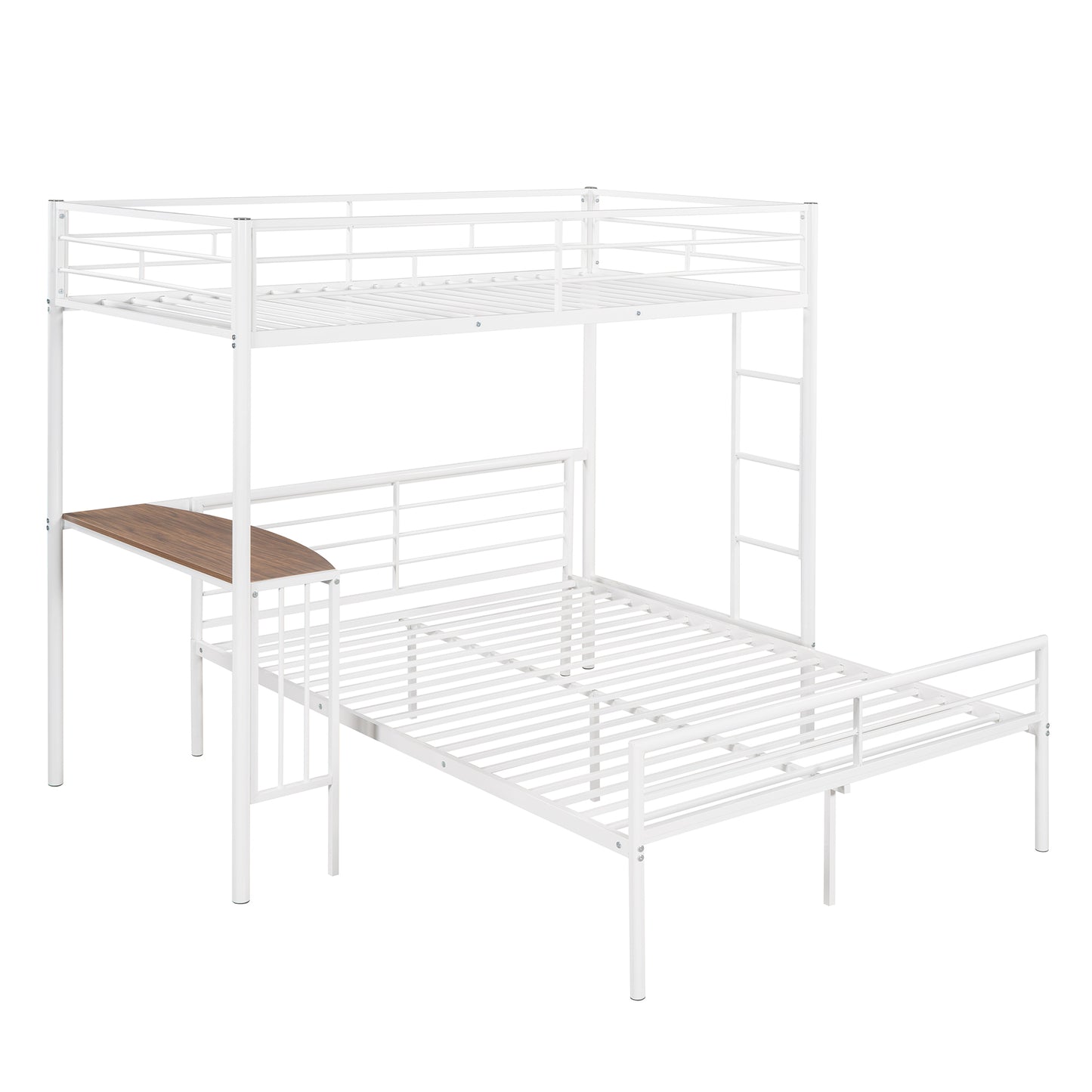 White metal bunk bed with builtin desk