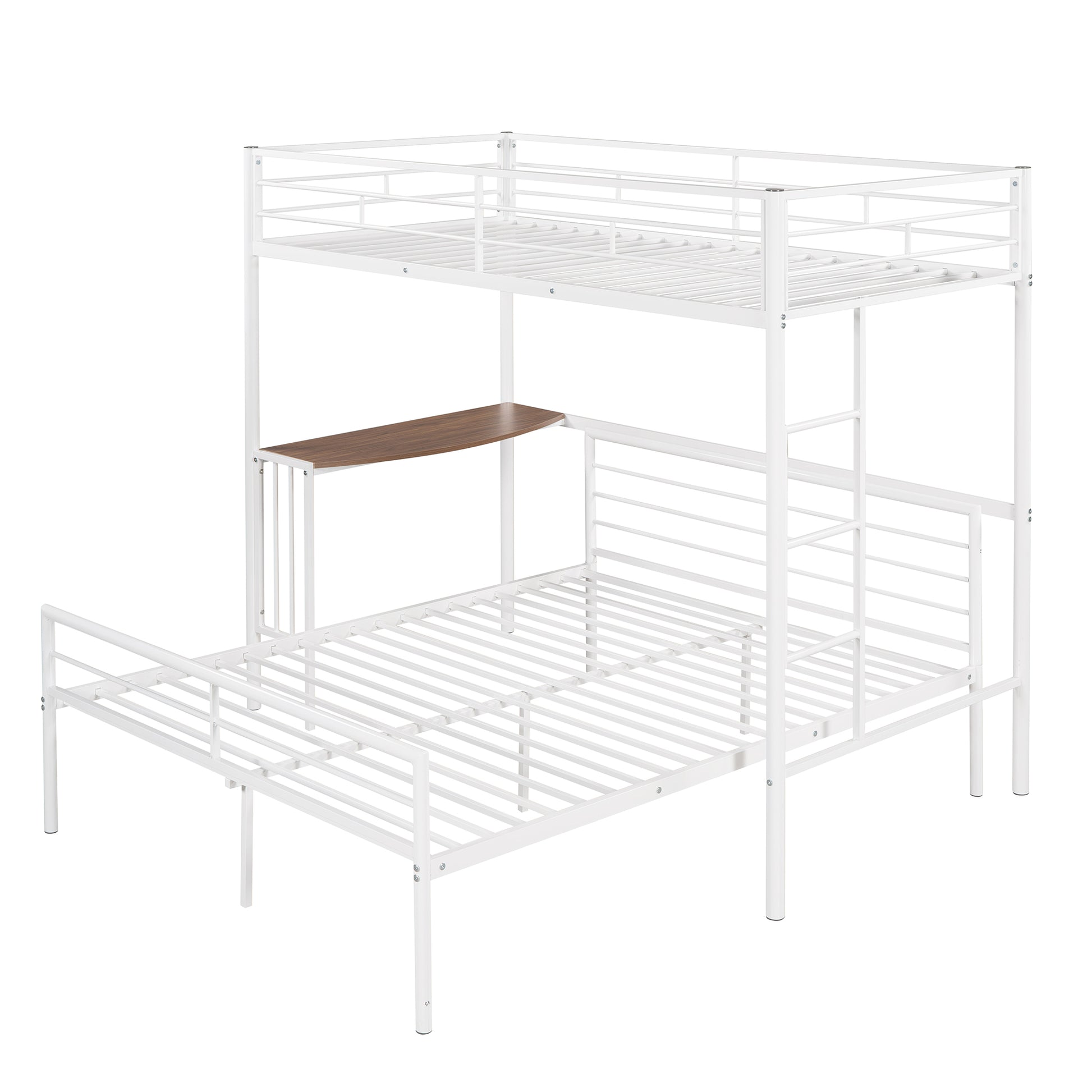 White metal bunk bed with desk and ladder