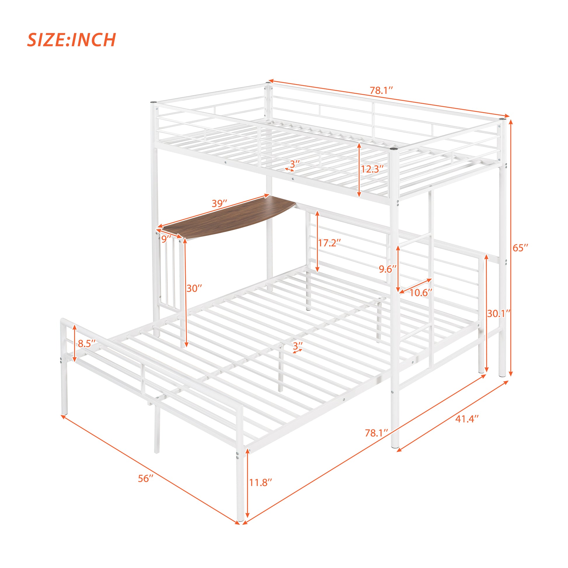 White metal triple bunk bed with desk featuring dimensions for each tier and overall structure