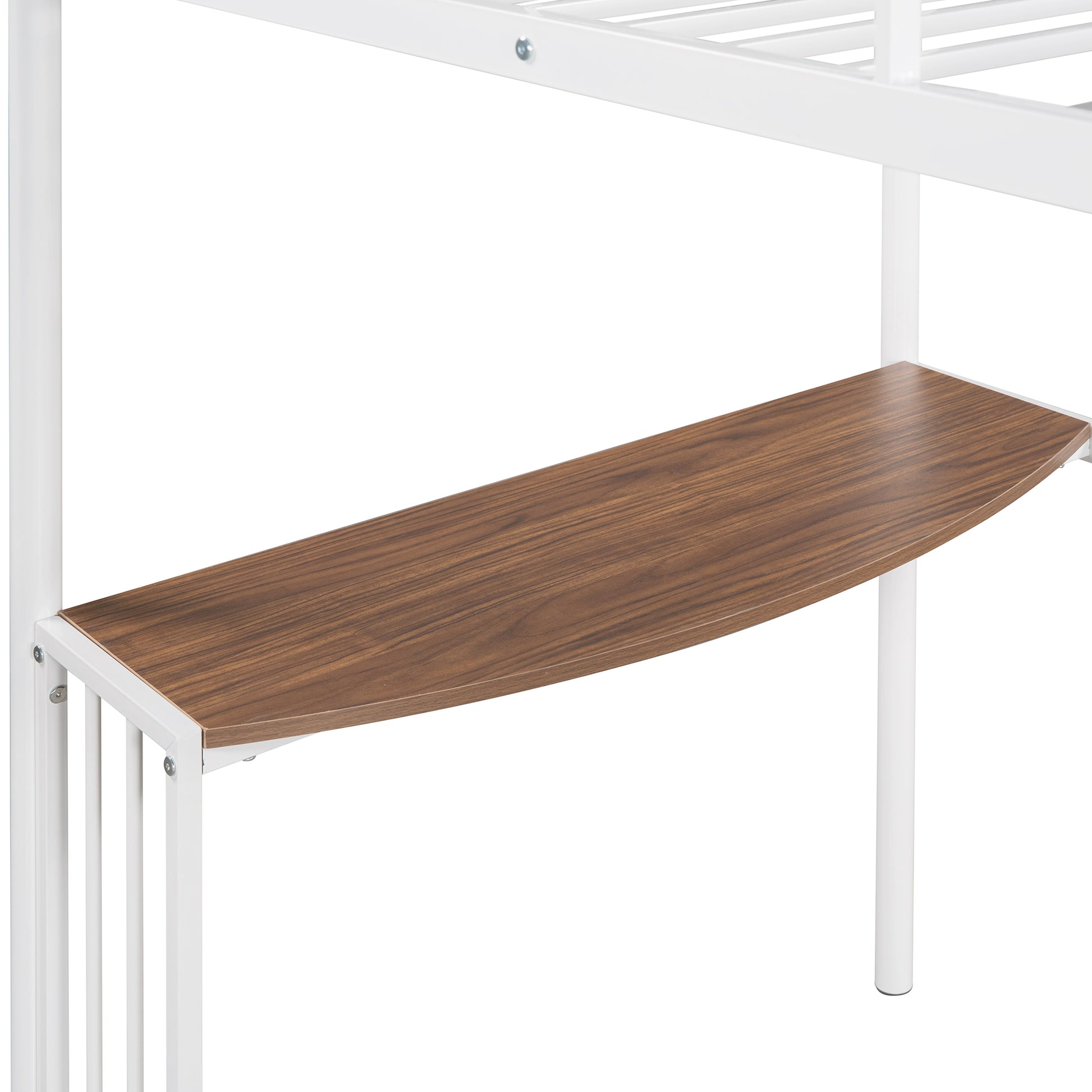 White metal loft bed frame with a wood grain desk shelf