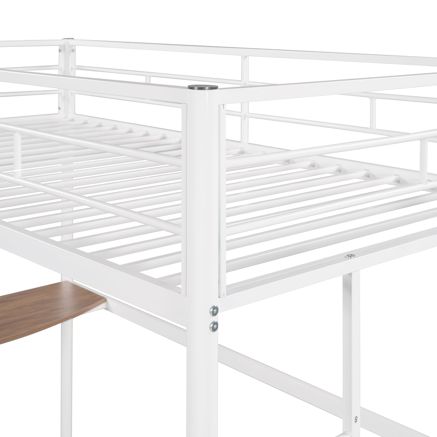 White metal loft bed frame with integrated desk