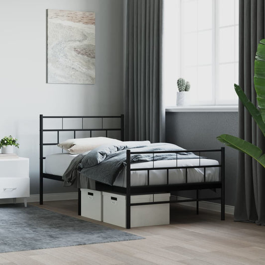 Black metal twin bed frame with headboard and footboard