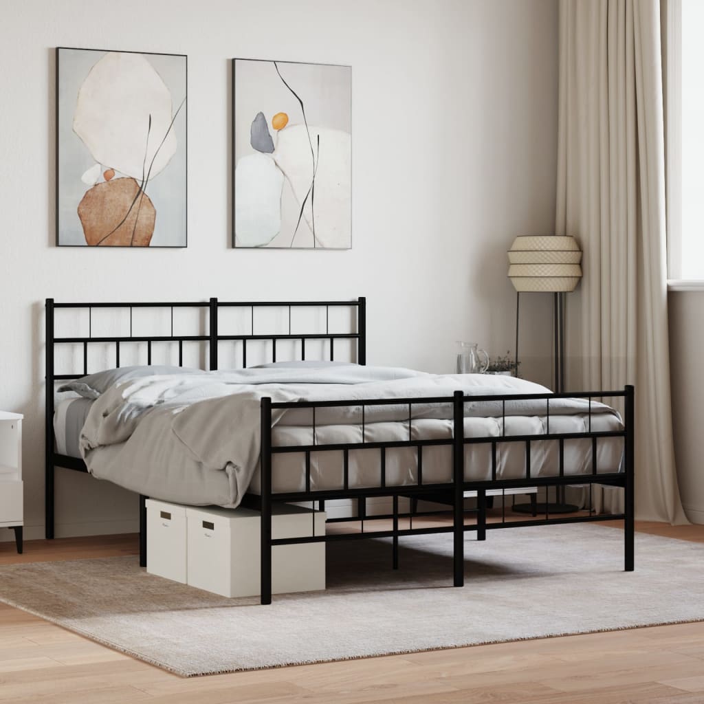 Dark gray metal platform bed frame with a tufted headboard