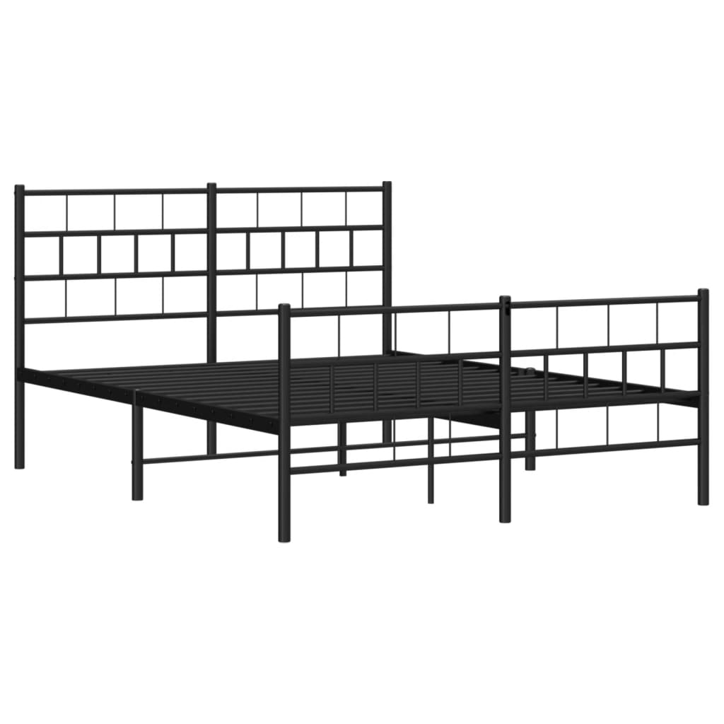 Modern black metal bed frame with a geometric headboard and footboard