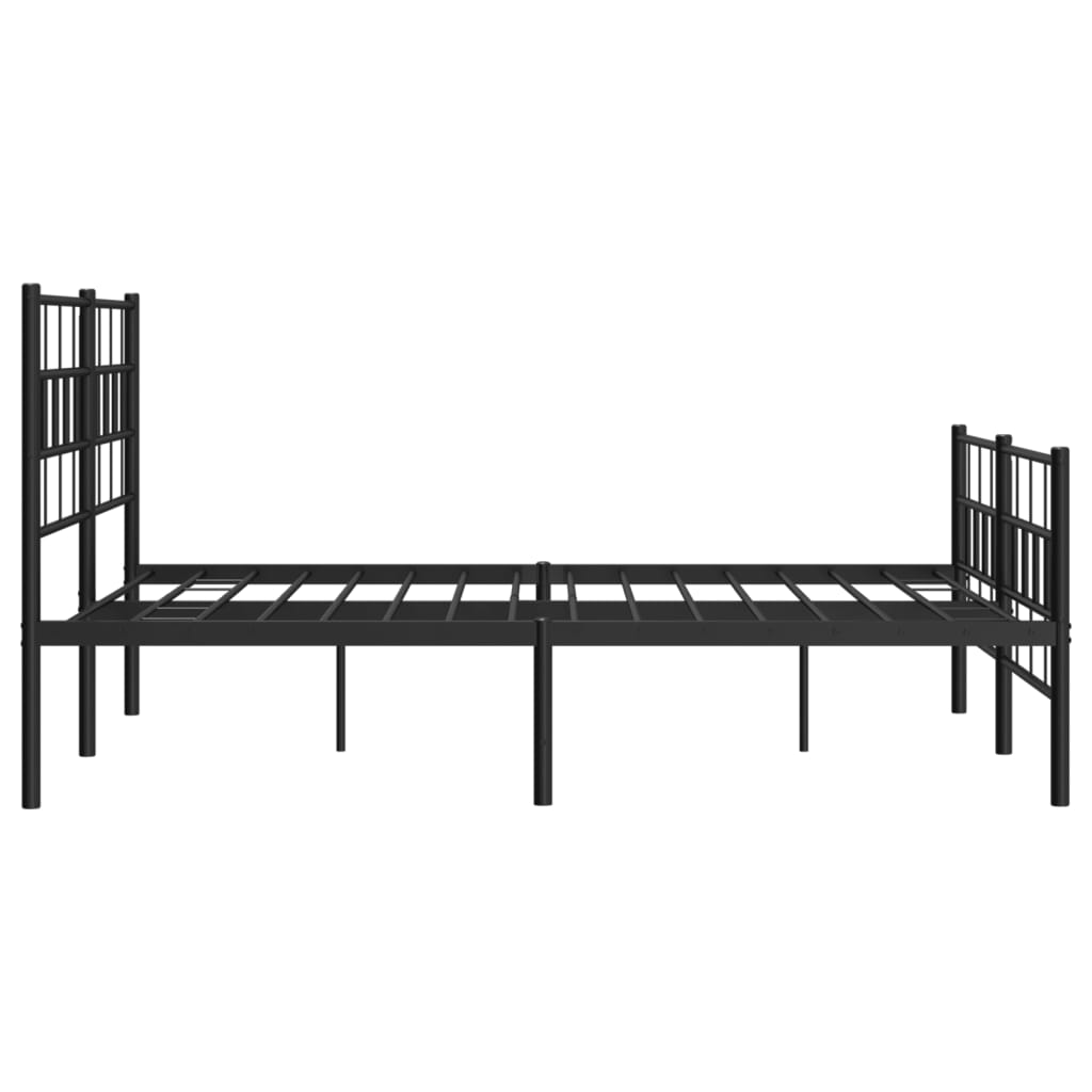 Black metal platform bed frame with a geometric headboard