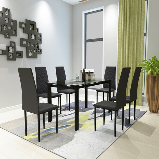 Black faux leather dining chair with diamond tufting and curved back