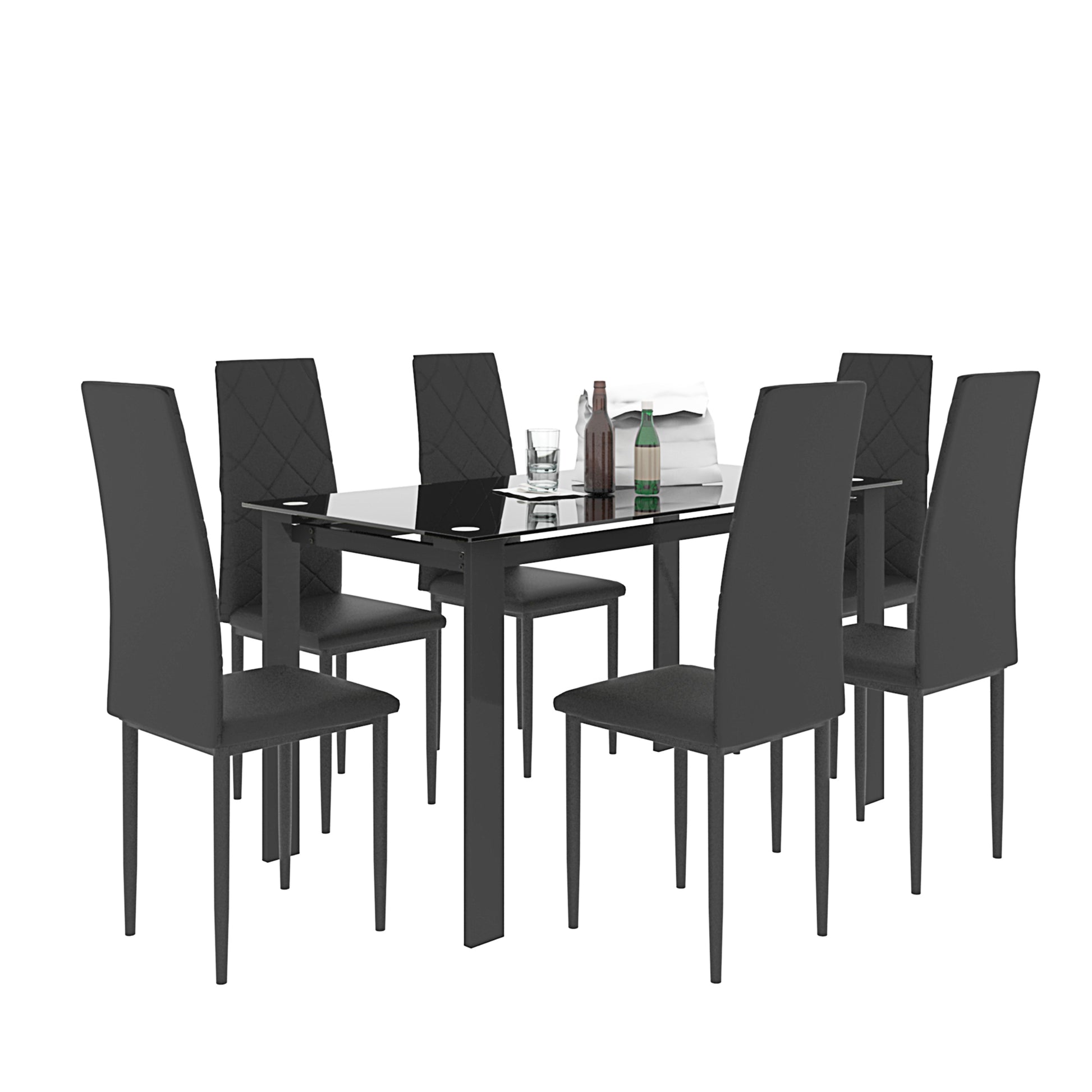 Black glass top dining table with six faux leather chairs