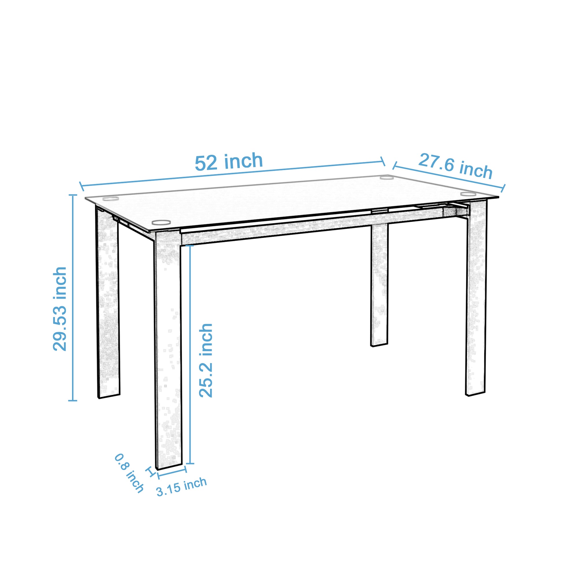 Diagram of a inch glass dining table with dimensions shown