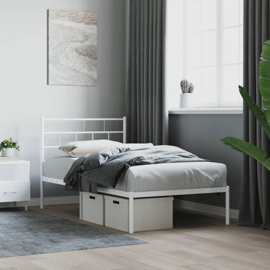 Modern white metal twin bed frame with slatted headboard and footboard