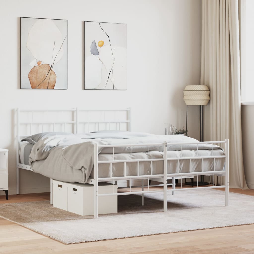 Modern white metal bed frame with a minimalist design and storage drawers