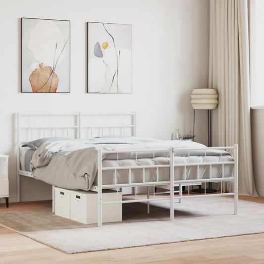 Modern white metal bed frame with a minimalist design and storage drawers
