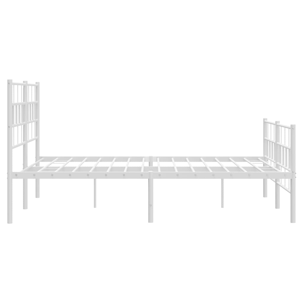 White metal platform bed frame with a geometric headboard