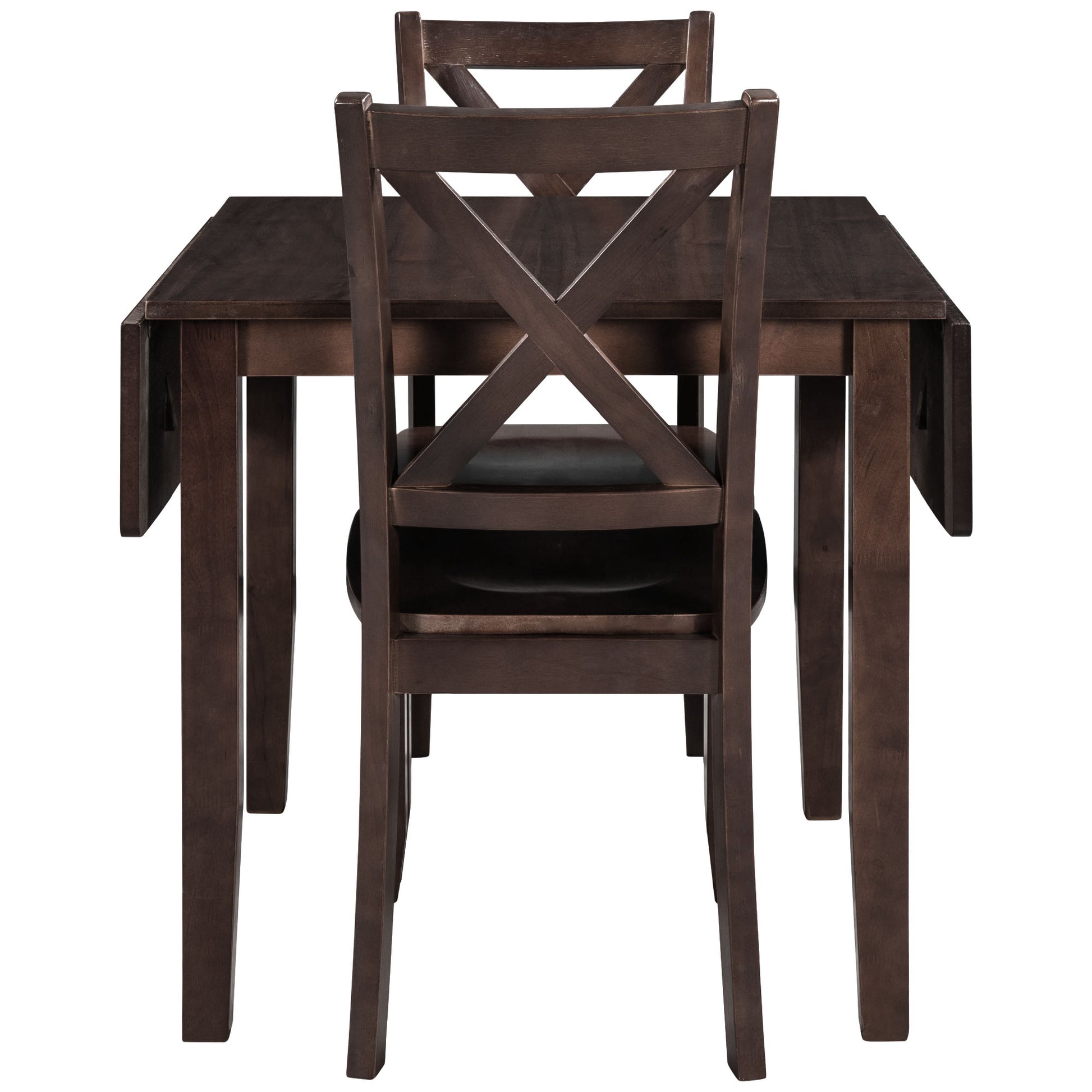 Dark wood drop leaf dining table with two crossback chairs