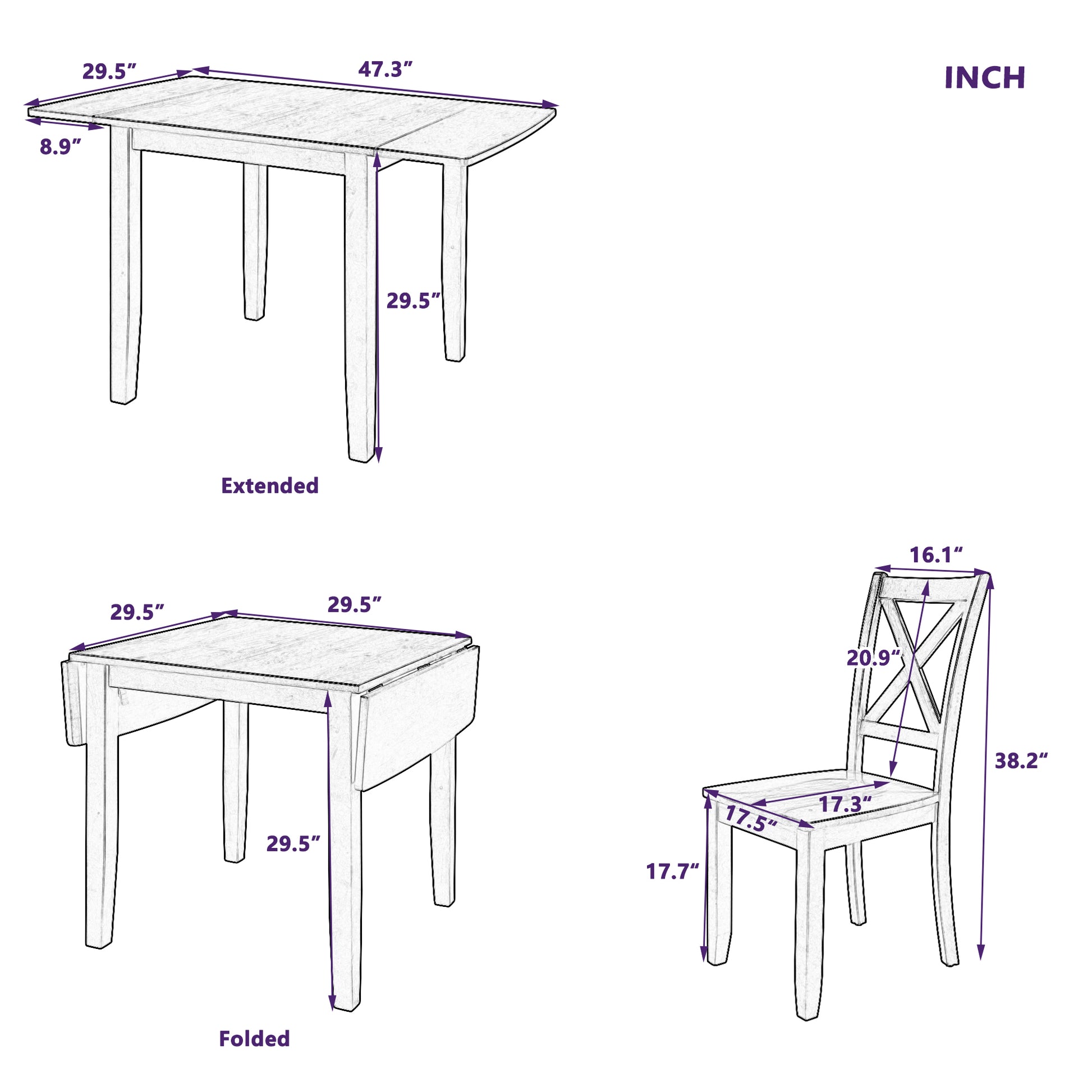 Diagram showing extended dining table dimensions