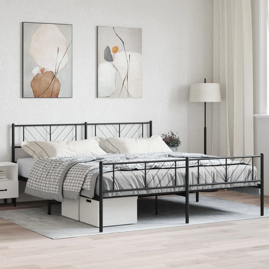 Modern black metal bed frame with geometric headboard design