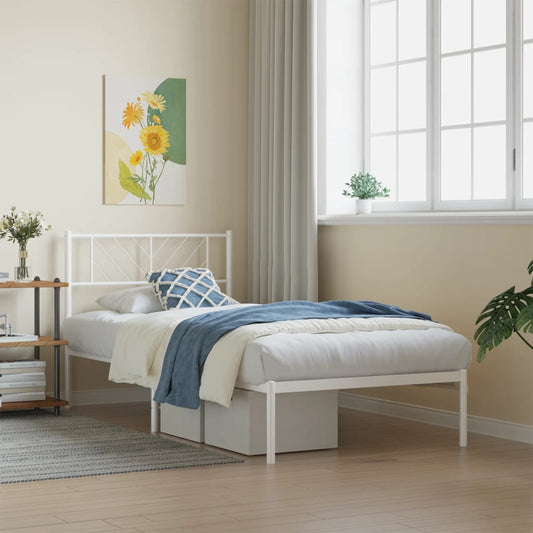 White metal twin bed frame with geometric headboard
