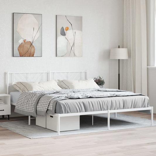 White metal king bed frame with geometric headboard and side tables