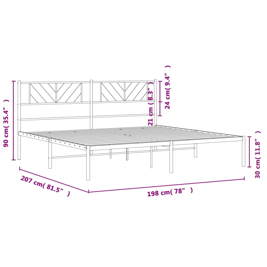 White metal platform bed frame with chevron headboard detail