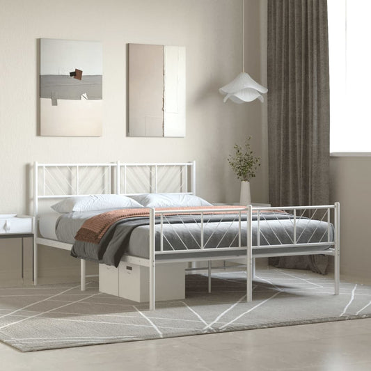 White metal platform bed frame with decorative diamond pattern headboard and footboard