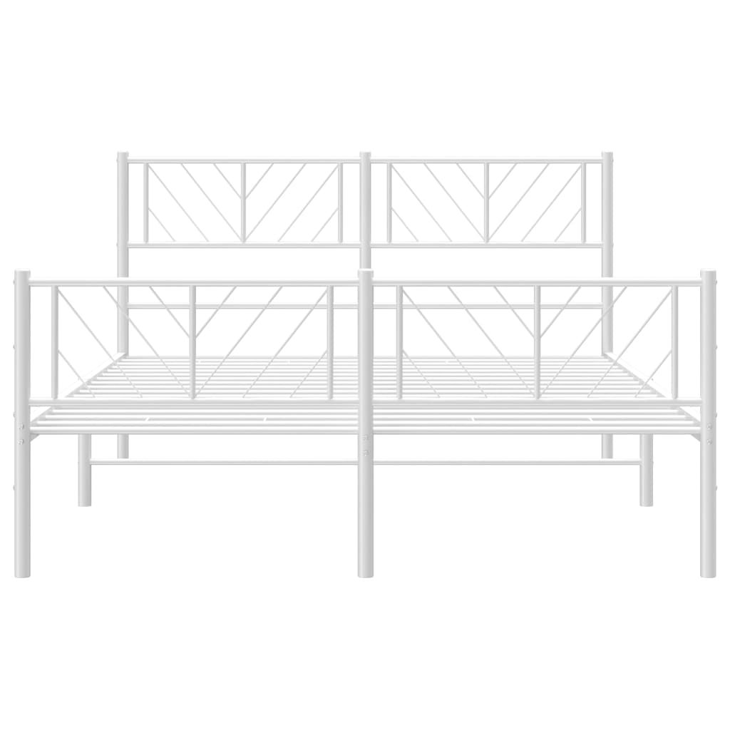 White metal bed frame with geometric headboard detail and slatted base