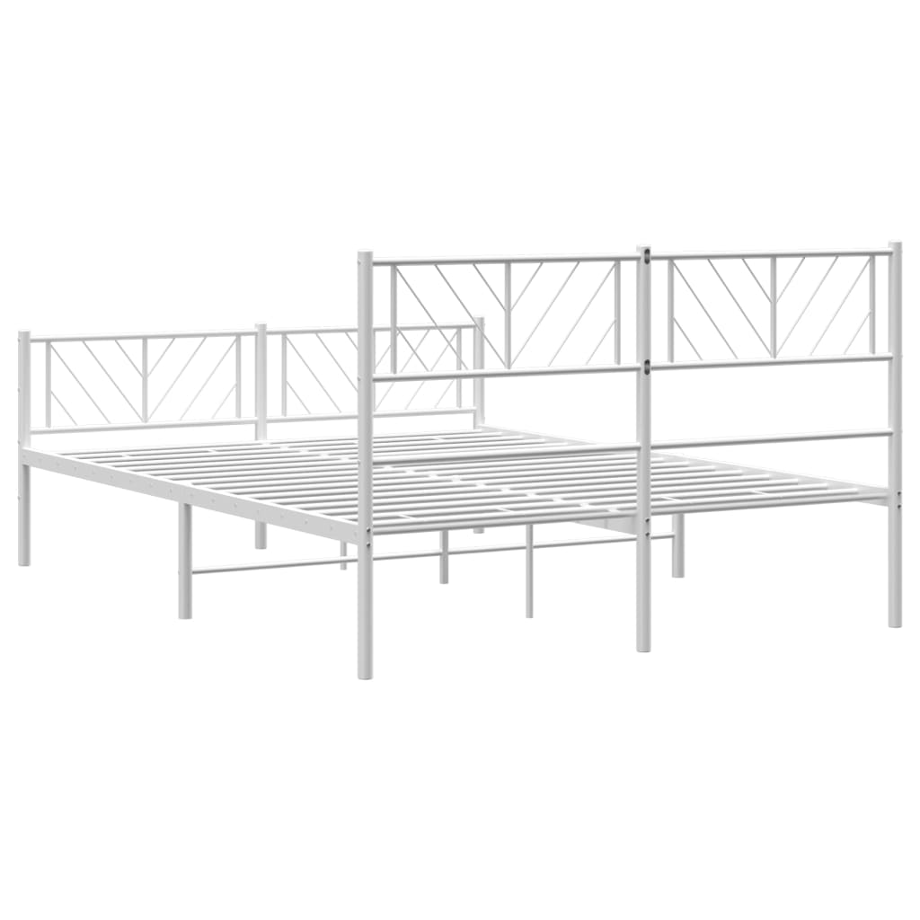 White metal platform bed frame with geometric headboard design