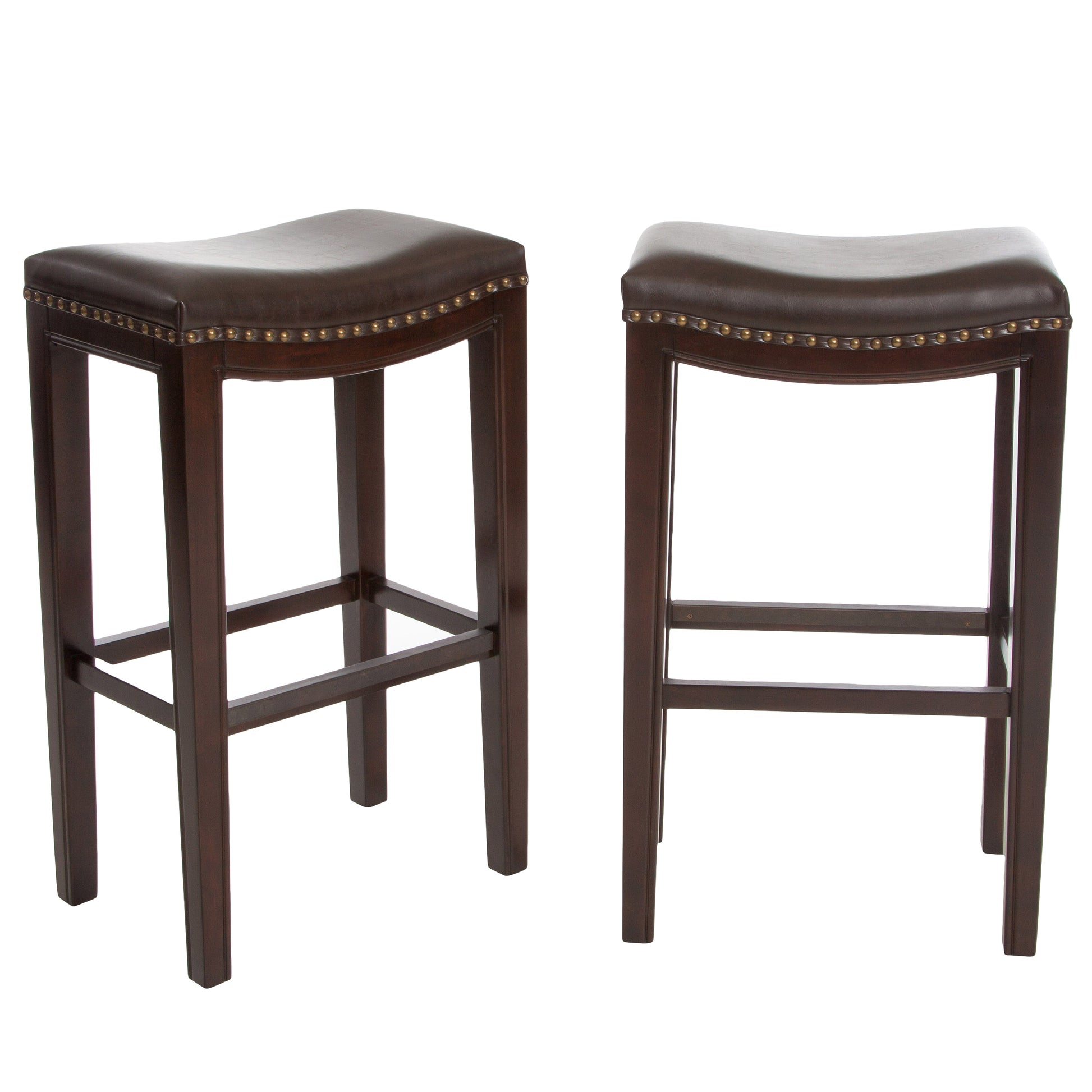 Pair of dark brown faux leather bar stools with bronze nailhead trim