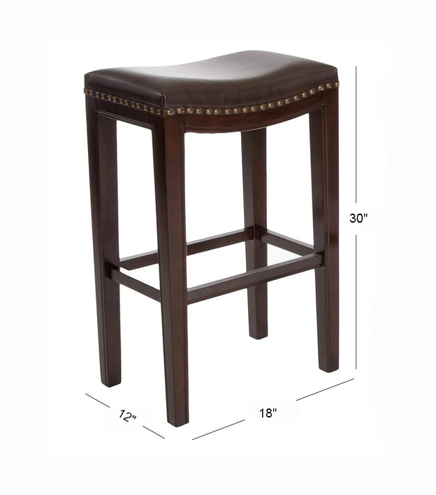 Dark brown leather saddle bar stool with nailhead trim