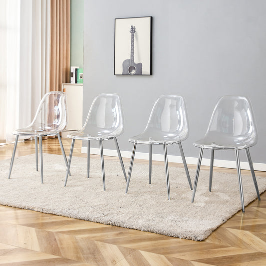 Four clear acrylic chairs with chrome legs arranged on a cream rug