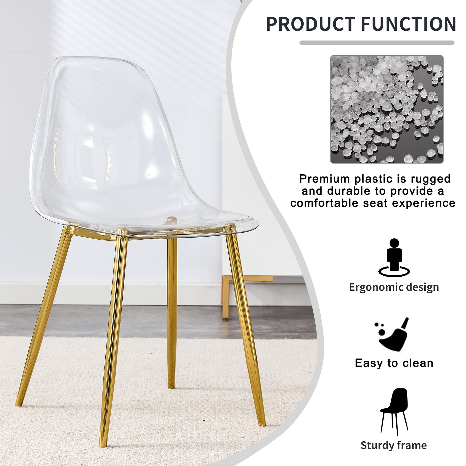 Clear acrylic dining chair with gold metal legs for a modern look