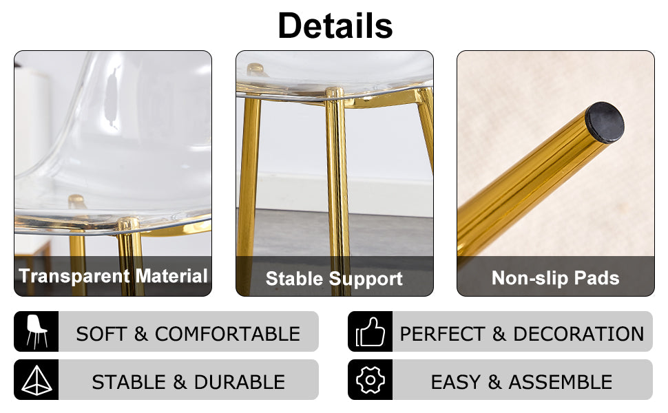 Clear acrylic chair with gold metal legs for modern dining
