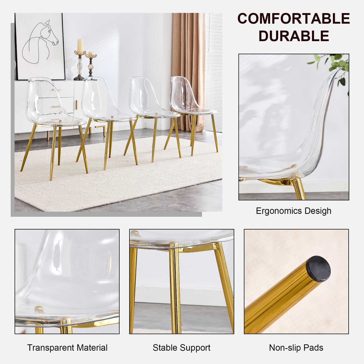 Clear acrylic dining chair with gold legs