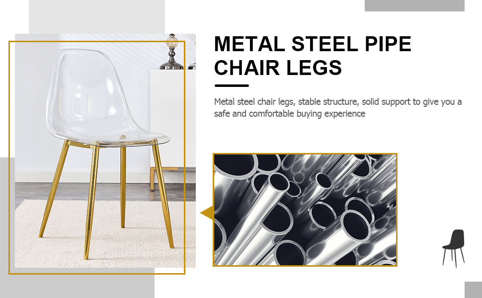 Transparent acrylic dining chair with shiny gold metal steel pipe legs